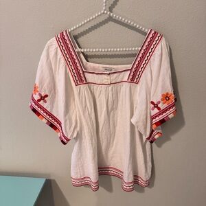 Madewell White Blouse with Red and Orange Embroidery
